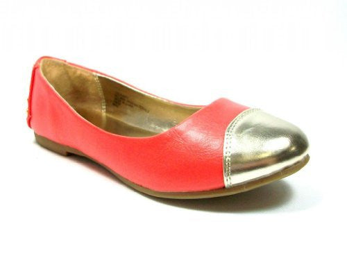 Girls Leatherette Gold Cap Toe & Studded Heel Slip On Flats Coral - Jazame, Inc.