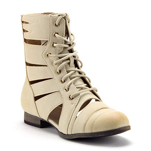 Women's Tosca-124A Tall Calf High Lace Up Cut Out Strappy Military Dress Boots - Jazame, Inc.